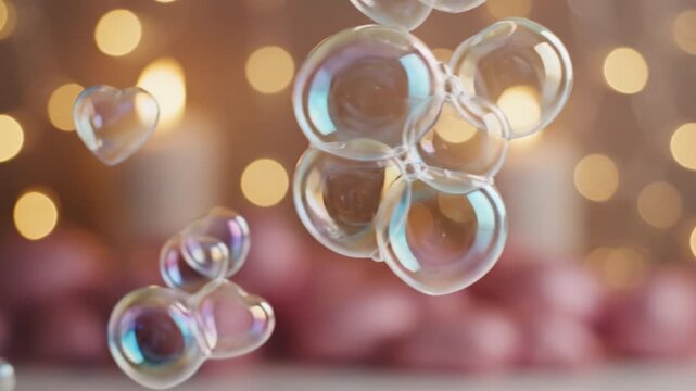 Transparent soap bubble cluster and heart shaped bubbles floating amid warm bokeh lights and soft pink background with iridescent pastel reflections, romantic floating cluster and dreamy warm light
