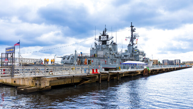 USS Orleck (DD-886), a U.S. Navy destroyer museum ship, docked along the Jacksonville waterfront.