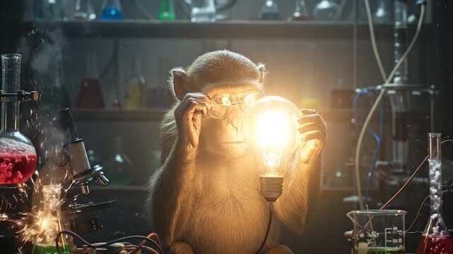 Monkey Wearing Glasses Holding Light Bulb in Science Lab