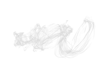 Gentle cloud of grey smoke forming loose swirling ribbons on a clean white canvas, suggesting movement, energy and airy abstraction

