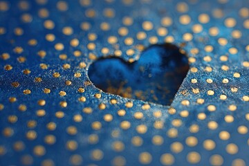 Close-up of a textured blue surface with gold polka dots and a heart-shaped cutout