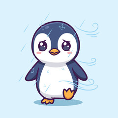 Obraz premium Cute Cartoon Penguin Walking in Rain and Wind with Sad Expression Vector Illustration