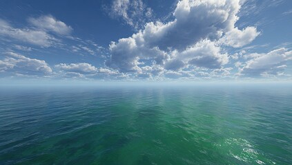 Obraz premium Expansive, bright blue sky with fluffy white clouds over calm, clear ocean