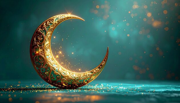 Golden crescent moon with filigree design on soft teal background glowing with warm light sparks and bokeh effect ramadan and islamic celebration concept