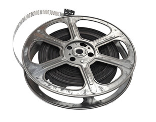 Obraz premium Aged metal film reel with celluloid tape, detailed texture, isolated