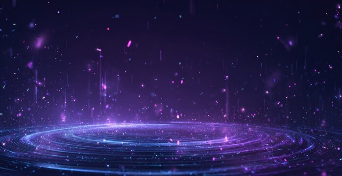 Swirling light particles ascend from a luminous ring against a dark, starry background