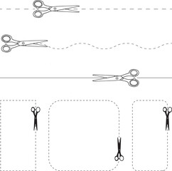 Three pairs of scissors illustrate cutting along straight, curved, and rectangular dotted lines for crafting or separation.