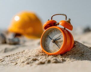 Sandy alarm clock and hard hat on beach, signifying lost time
