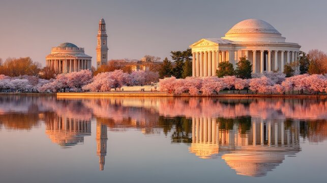 Serene Cityscape Featuring Classical Architecture Reflections.