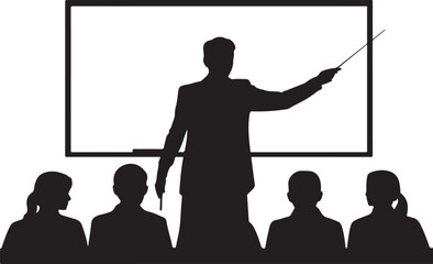 Silhouette of teacher pointing at whiteboard with students