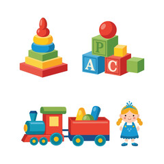 Naklejka premium Colorful children's toys and playthings for kids Vector, illustration