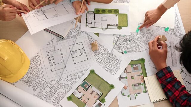 Architect and safety engineer discussion about building construction use blueprint on table with architectural document, measurement tool and wooden block scatter around at modern office. Delineation.