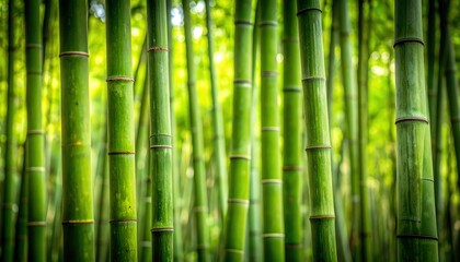 Obraz premium Lush vibrant green bamboo forest, sunlight filters through tall stalks, creating a peaceful, calm, and natural atmosphere in this tranquil woodland setting.
