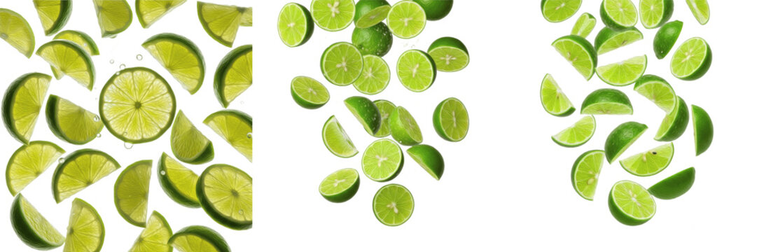 Flying fresh lime slices and halves isolated on white background, creative floating green citrus fruit segments pattern