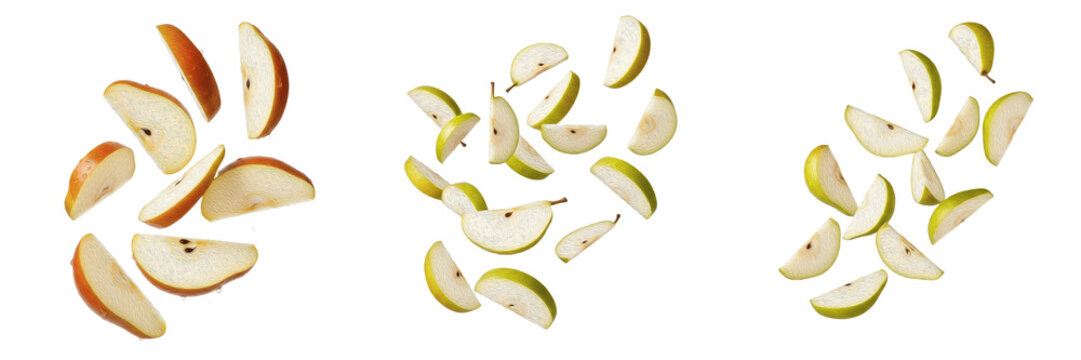 Flying fresh pear slices isolated on white background, creative floating green and yellow nashpati fruit segments