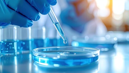 Blue liquid dropper science experiment highlights sterile laboratory work, clear petri dish, precise research, and modern biotechnology in a calming blue atmosphere.
