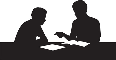 Two silhouettes discussing an open book at a table