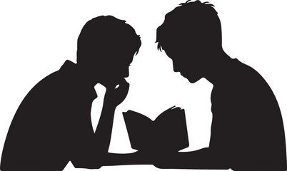 Two silhouettes reading a book together two people