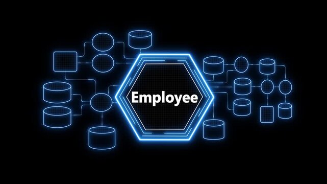 Employee network concept animation with glowing digital nodes and connections, human resources data system and workforce technology background