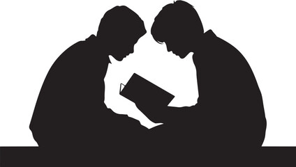 Two silhouettes reading a book together two people