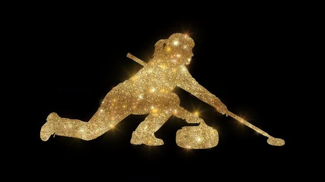Luxury female curling player delivering the stone with golden glitter, alpha channel