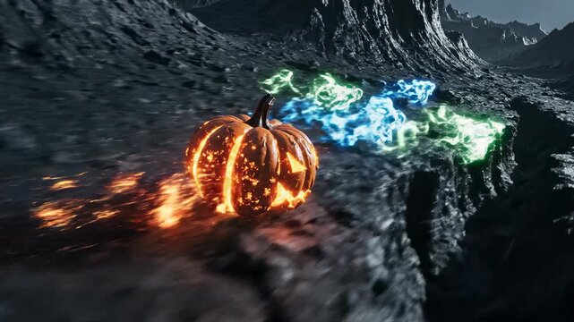 Stylized aerial view of an illuminated, textured pumpkin speeding across a dark, rocky terrain while three glowing, vaporous entities flee in panic high angle, overhead, mystery