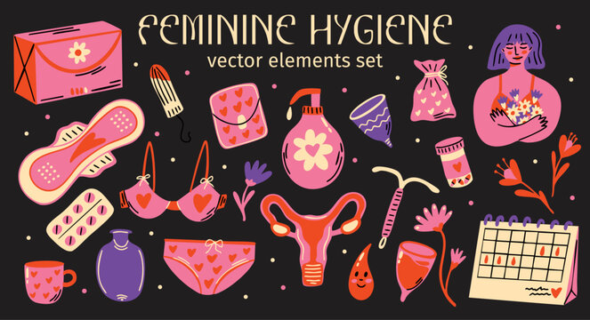 Feminine hygiene vector sticker elements set. Collection of cute groovy funky cartoon illustration of menstrual cup, pads, tampon, period calendar, cycle, women's reproductive health, female self care