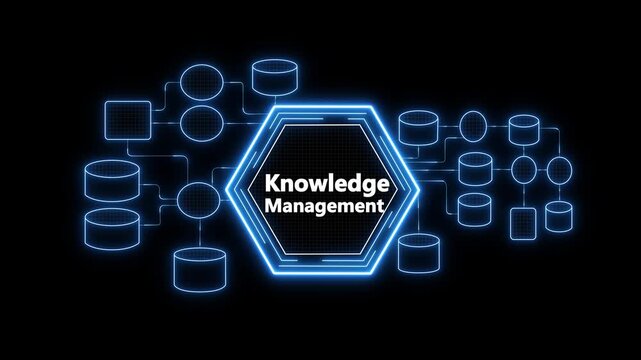Knowledge management network animation with glowing digital connections, information system and corporate learning technology concept