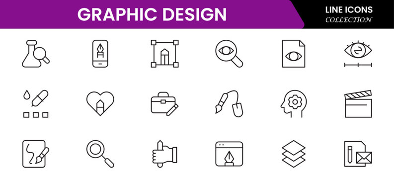 Graphic design web icons set in duotone outline stroke design. Pack pictograms with color palette, content, freelance, print, painting, brainstorm, portfolio, creative idea, tool. Vector illustration.