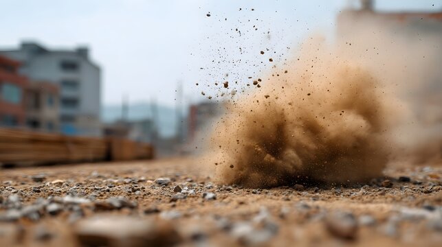 Dynamic explosion of dust and dirt erupting from the ground at an urban construction site with blurred background buildings