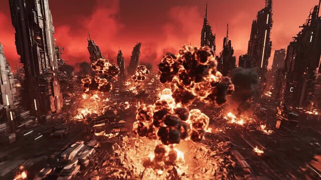 Sweeping aerial drone shot over a massive ruined futuristic city engulfed in smoky red haze and continuous powerful ground explosions energy discharge, high angle, disaster