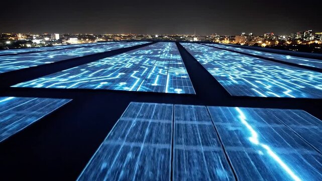 A futuristic rooftop covered with rows of glowing solar panels at night with a cityscape in the background