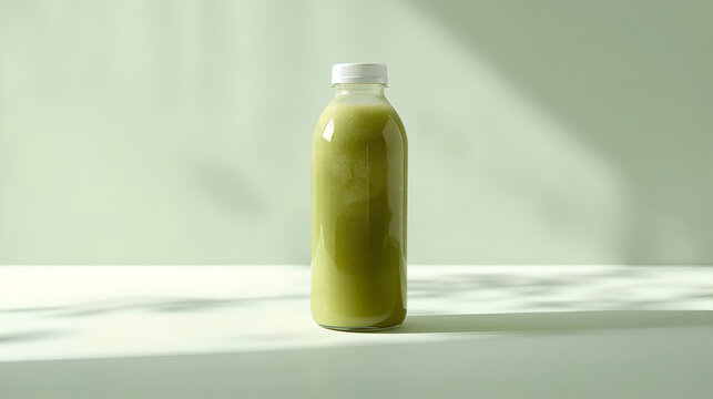 Healthy green juice or smoothie in a glass bottle with natural leaf shadows