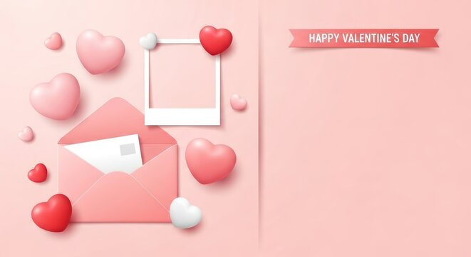 valentine card with pink hearts with evelope and frame pink background 