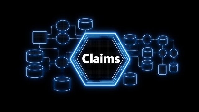 Digital claims management network animation with glowing data nodes and connected database systems on dark technology background