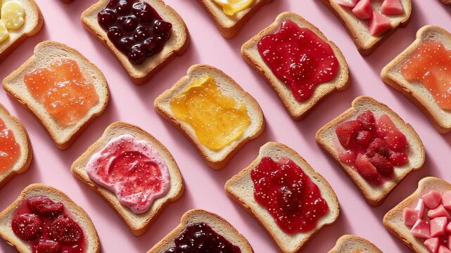 Brightly colored slices of toast lay invitingly on a smooth pink surface. Each slice boasts a unique spread, from fruity jams to creamy delights, showcasing creativity and taste