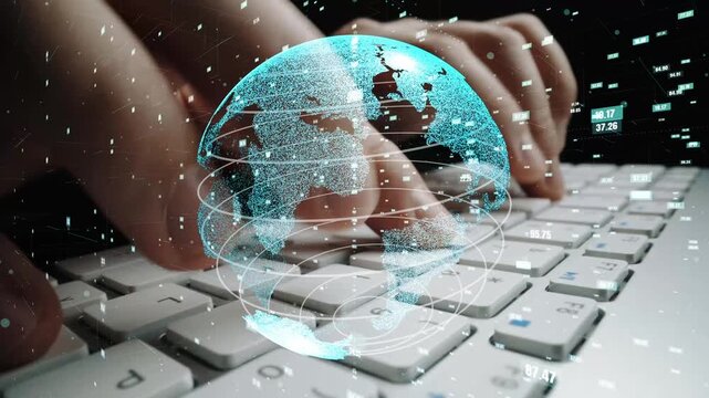 A close-up view of hands typing on a laptop keyboard, combined with a digital globe overlay representing global data and technology in a modern workspace. Xenic