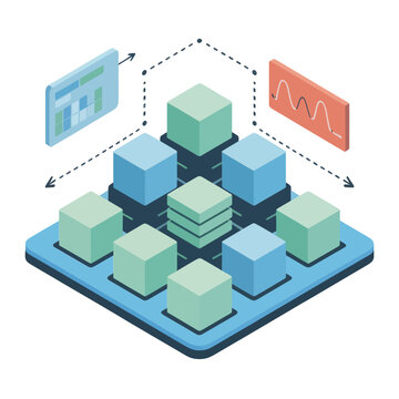 Microservices architecture with containers and cubes, distributed system platform, workflow orchestration, integration patterns, isometric software engineering vector illustration design