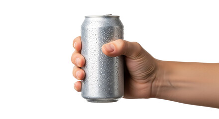 Hand holding cold silver soda can with condensation refreshment close-up