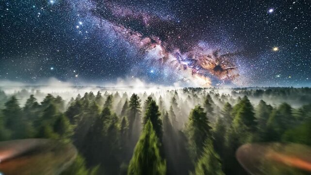 Sweeping drone aerial over a dense pine forest canopy shrouded in mist and illuminated by brilliant pinpricks of light from a massive galaxy above nature, vista, majestic