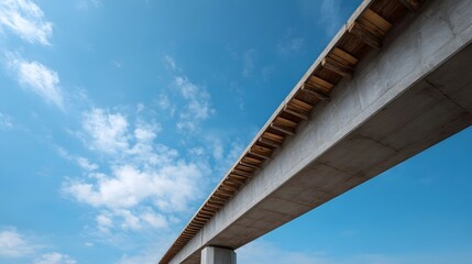 Fototapeta premium A concrete elevated infrastructure segment extends diagonally across a clear blue sky dotted with white clouds