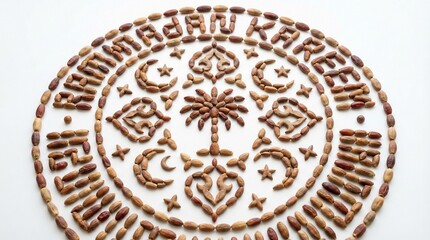 Fototapeta premium Single mandala formed from date seeds arranged precisely with Ramadan greeting, isolated on white background, organic Islamic symbolism