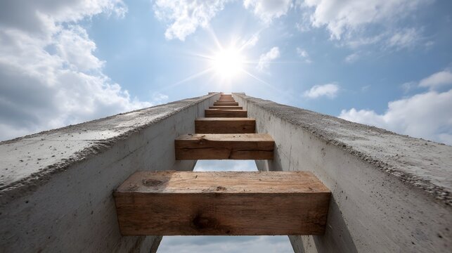 A concrete staircase leads upwards towards a bright sun in a blue sky symbolizing aspi n and progress