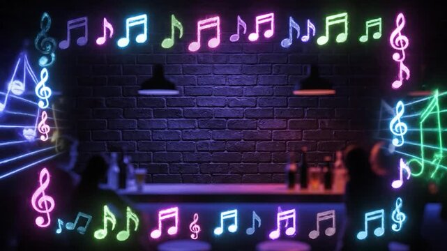 Bar scene at night with neon musical notes frame around brick wall and silhouettes