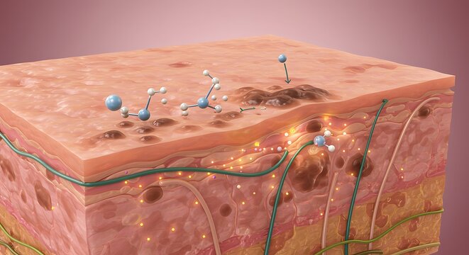 Skin layers with molecules and nerves, skin anatomy, human skin structure, dermatology, skin health, skin care