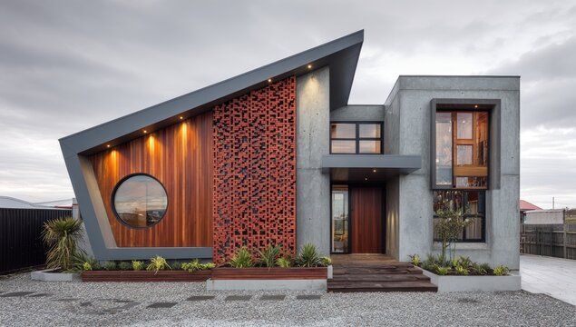 Modern geometric house with wood accents and unique patterned screen