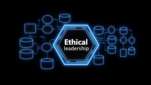Futuristic digital network illustrating ethical leadership with icons for collaboration and progress in advanced business technology innovation concept design