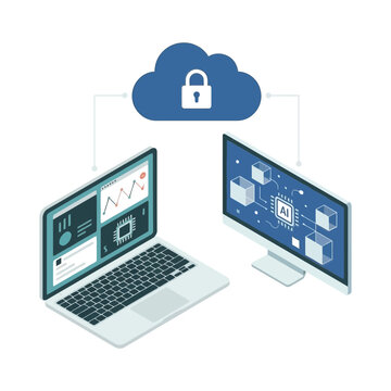 Cloud migration training banner, laptop and dashboard screens under locked cloud, DevOps deployment session, monitoring workshop, operations reliability vector graphic