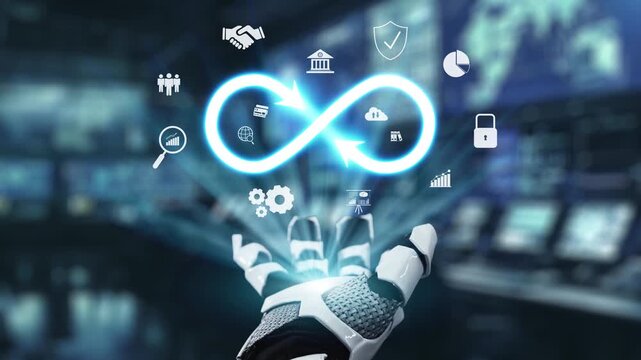 A futuristic robotic hand extends toward a glowing infinite loop, surrounded by digital icons that symbolize innovation in technology, finance, and security processes. Auvana