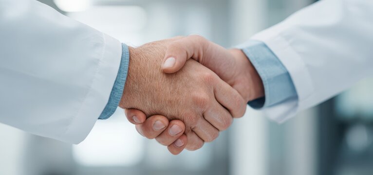 Two male doctors wearing white lab coats shaking hands in a modern medical facility, symbolizing agreement, partnership, and trust in healthcare.